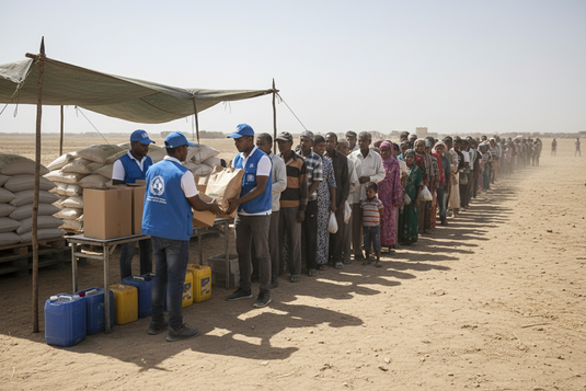 Humanitarian food distribution point with workers handing out food ration bags and boxes to families, stacked sacks of grain and cooking oil visible