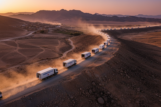 Convoy of white humanitarian aid trucks driving through remote rugged terrain at sunset delivering last-mile aid to isolated community