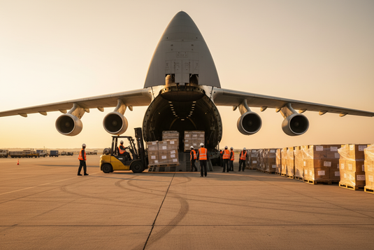 Cargo aircraft being loaded with humanitarian aid supplies on airport tarmac with ground crew and stacked pallets of relief packages