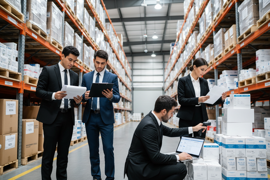 Professional audit team reviewing humanitarian supply chain documents and inventory records in a warehouse with inspectors examining compliance paperwork